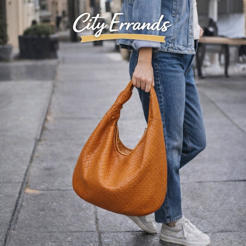 Melie Bianco Woven Hobo Bag | Camel Vegan Leather Slouchy | Bottega Inspired Bag